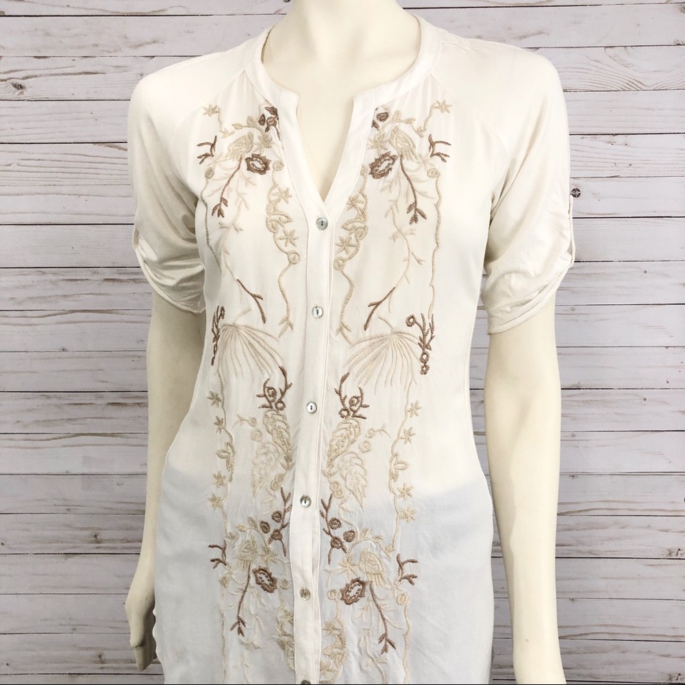 Anthropologie button down embroidered tunic top